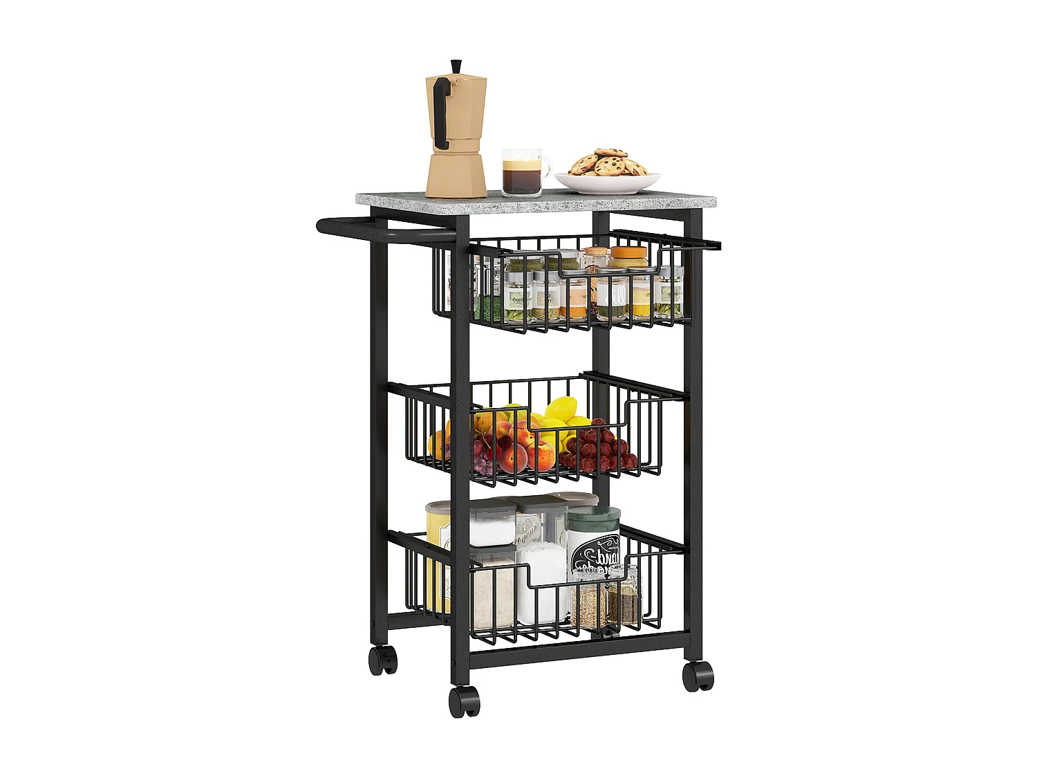 Carrito auxiliar Banana Homcom 3 cestas + ruedas negro 69x49,5x31 cm