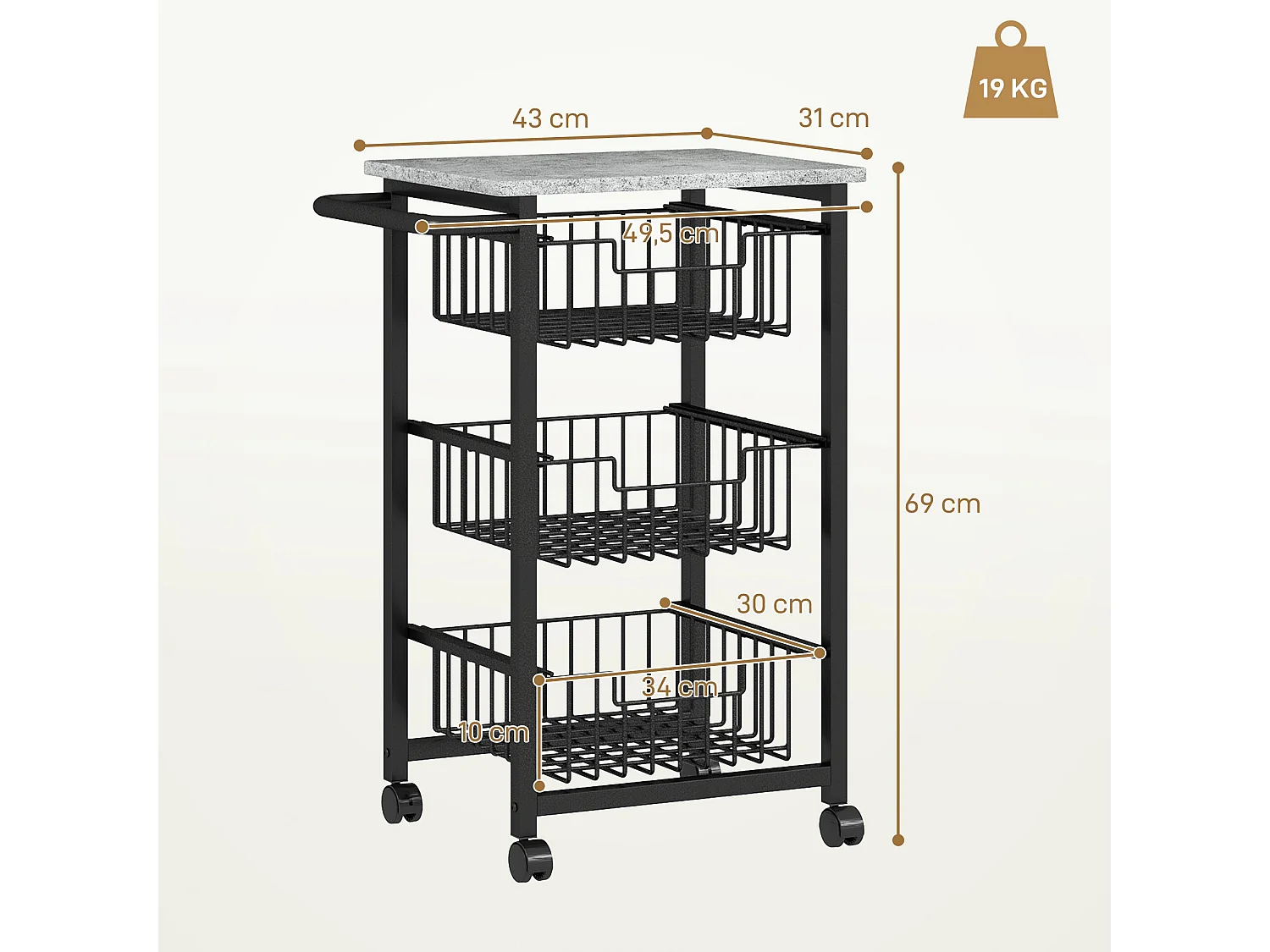 Carrito auxiliar Banana Homcom 3 cestas + ruedas negro 69x49,5x31 cm