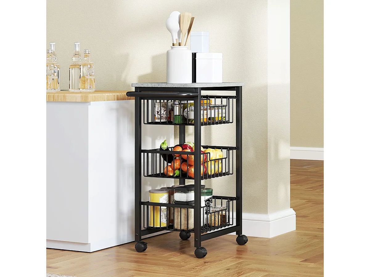 Carrito auxiliar Banana Homcom 3 cestas + ruedas negro 69x49,5x31 cm