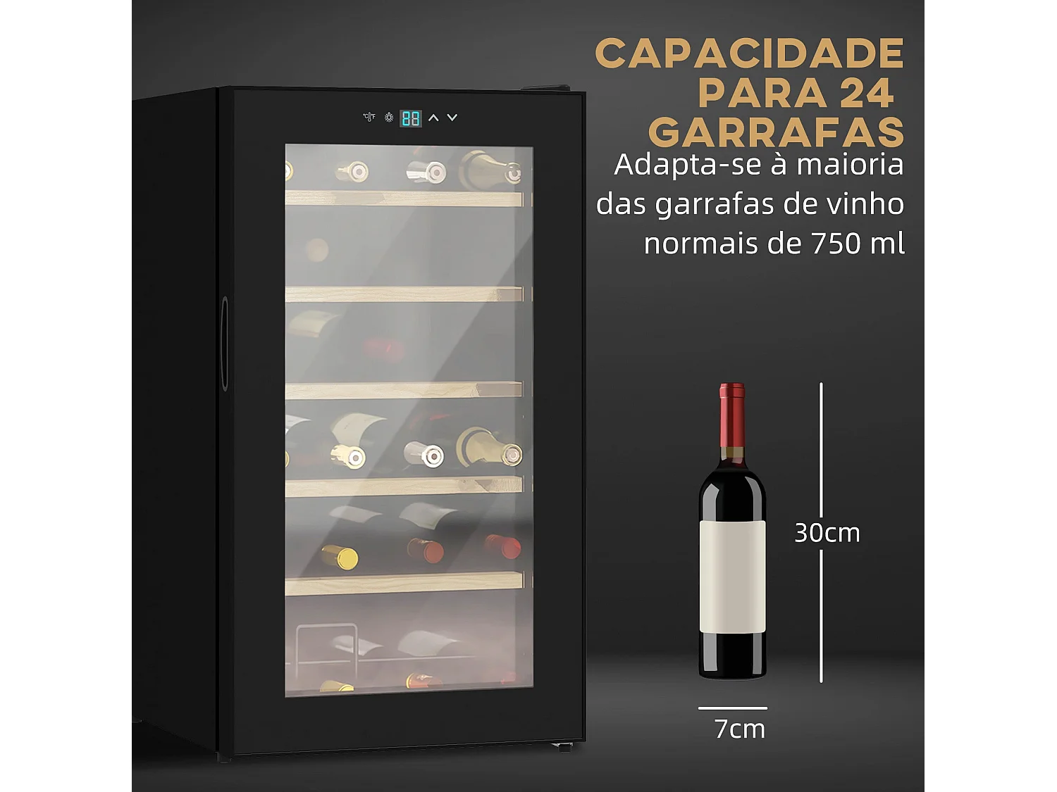 Cave de Vinho Moderna para 24 Garrafas com Controle Digital e Luz LED