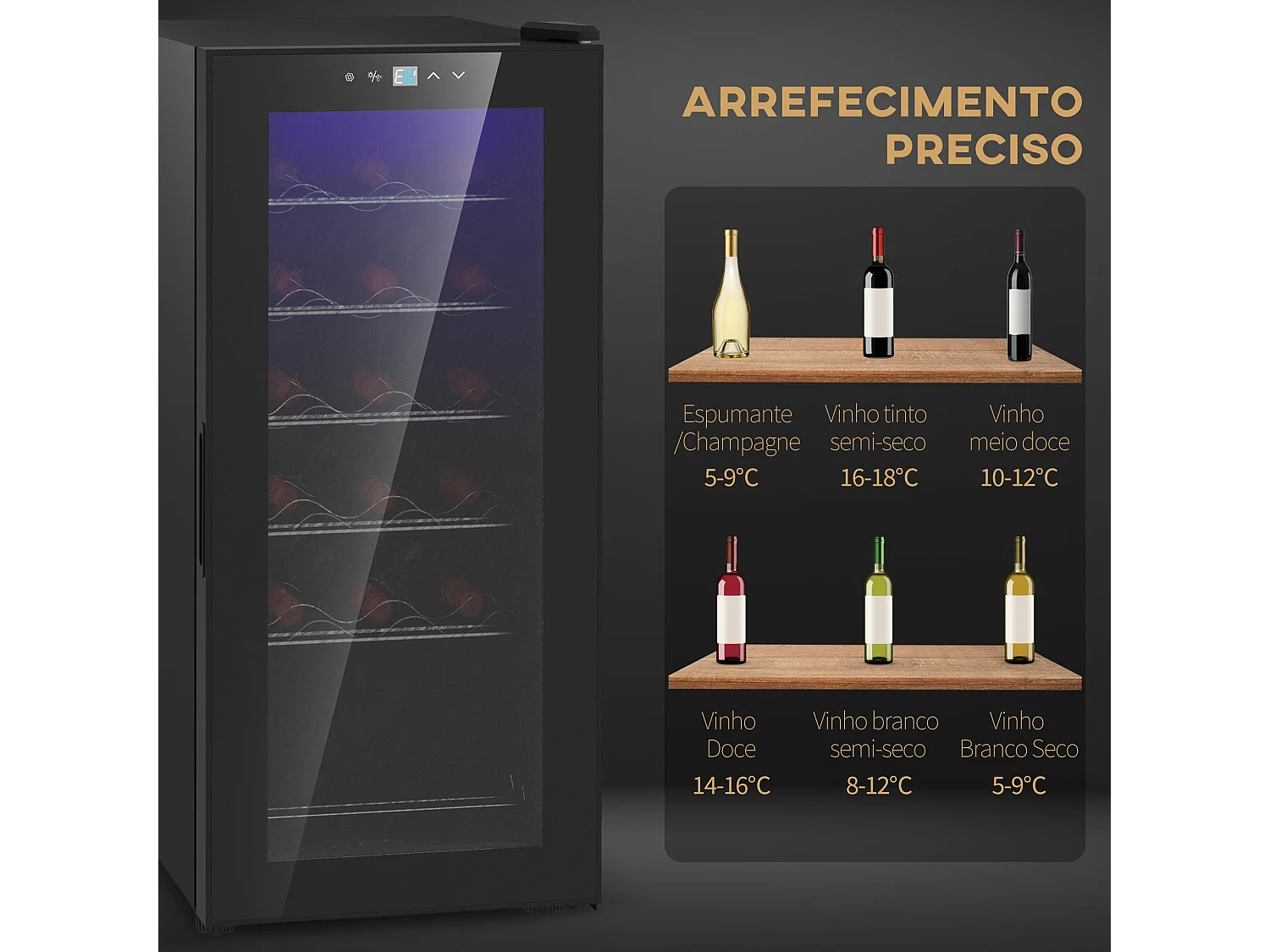Cave de Vinho Elegante para 18 Garrafas com Luz LED e Controle Digital de Temperatura