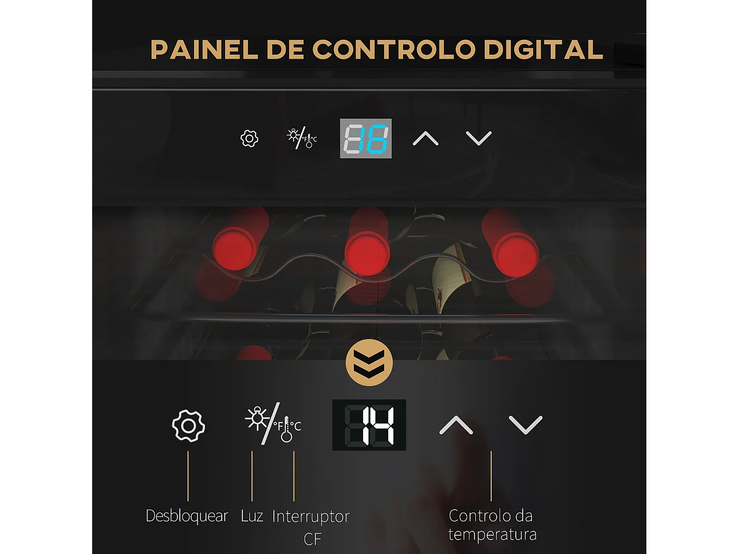 Cave de Vinho Elegante para 18 Garrafas com Luz LED e Controle Digital de Temperatura