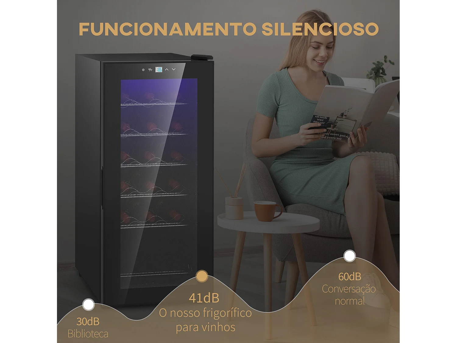 Cave de Vinho Elegante para 18 Garrafas com Luz LED e Controle Digital de Temperatura