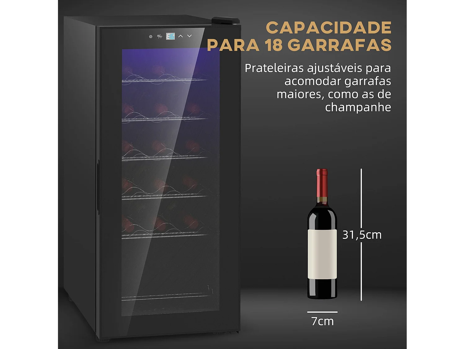 Cave de Vinho Elegante para 18 Garrafas com Luz LED e Controle Digital de Temperatura