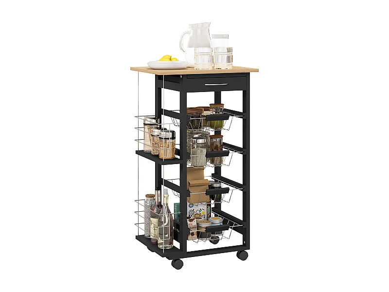 Carrito auxiliar Lantana Homcom 4 niveles + cajón negro/natural 83x47x37 cm