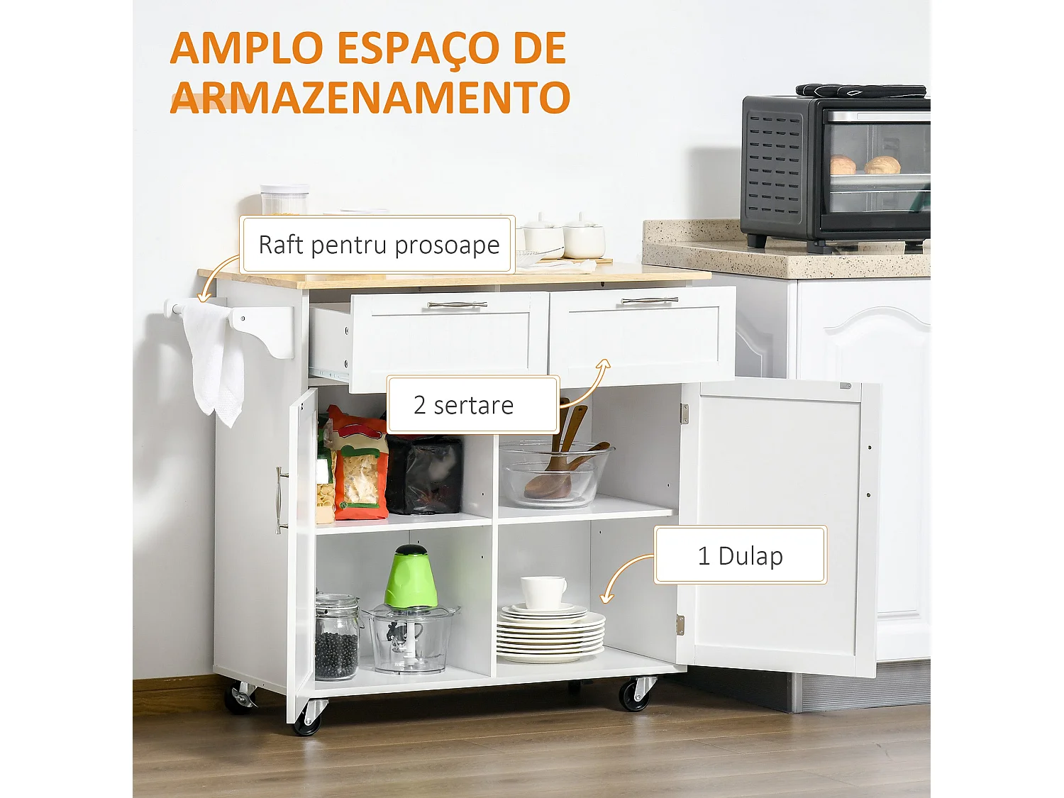 Mueble auxiliar Hibisco Homcom 2 cajones + armario + barra con ruedas blanco 91x104x46 cm
