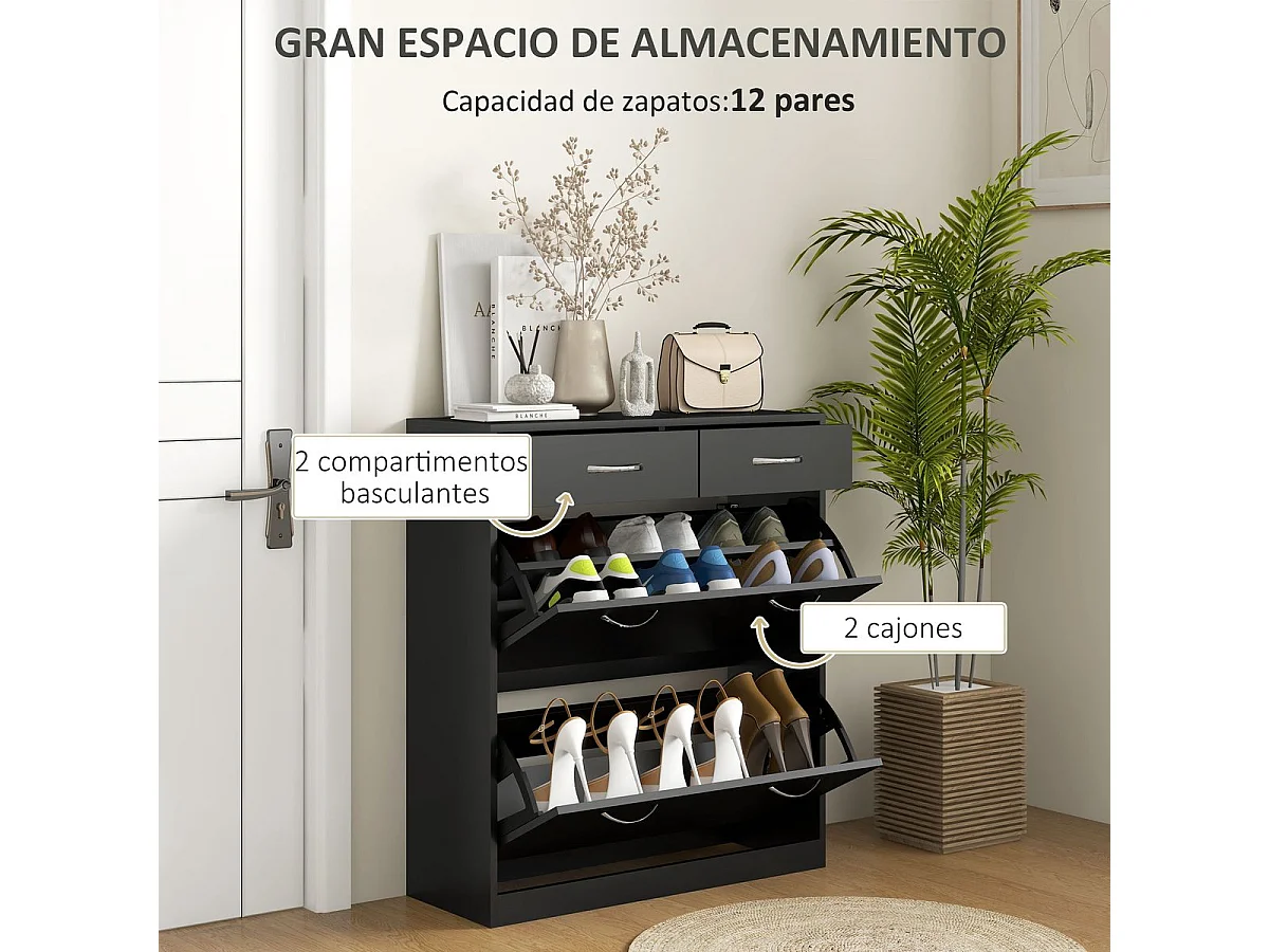 Zapatero Noche Homcom 2 cajones con 2 puertas negro 91,5x80x30 cm