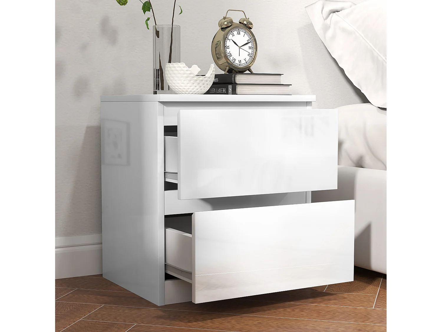 Mesita de noche Amazonita Homcom 2 cajones blanco brillo 45x40x34 cm