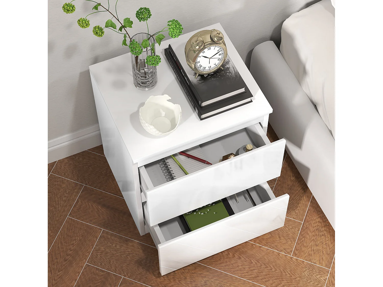 Mesa de Cabeceira Lauren: Moderna e Elegante com 2 Gavetas em Branco Brilhante - 40x34x45 cm