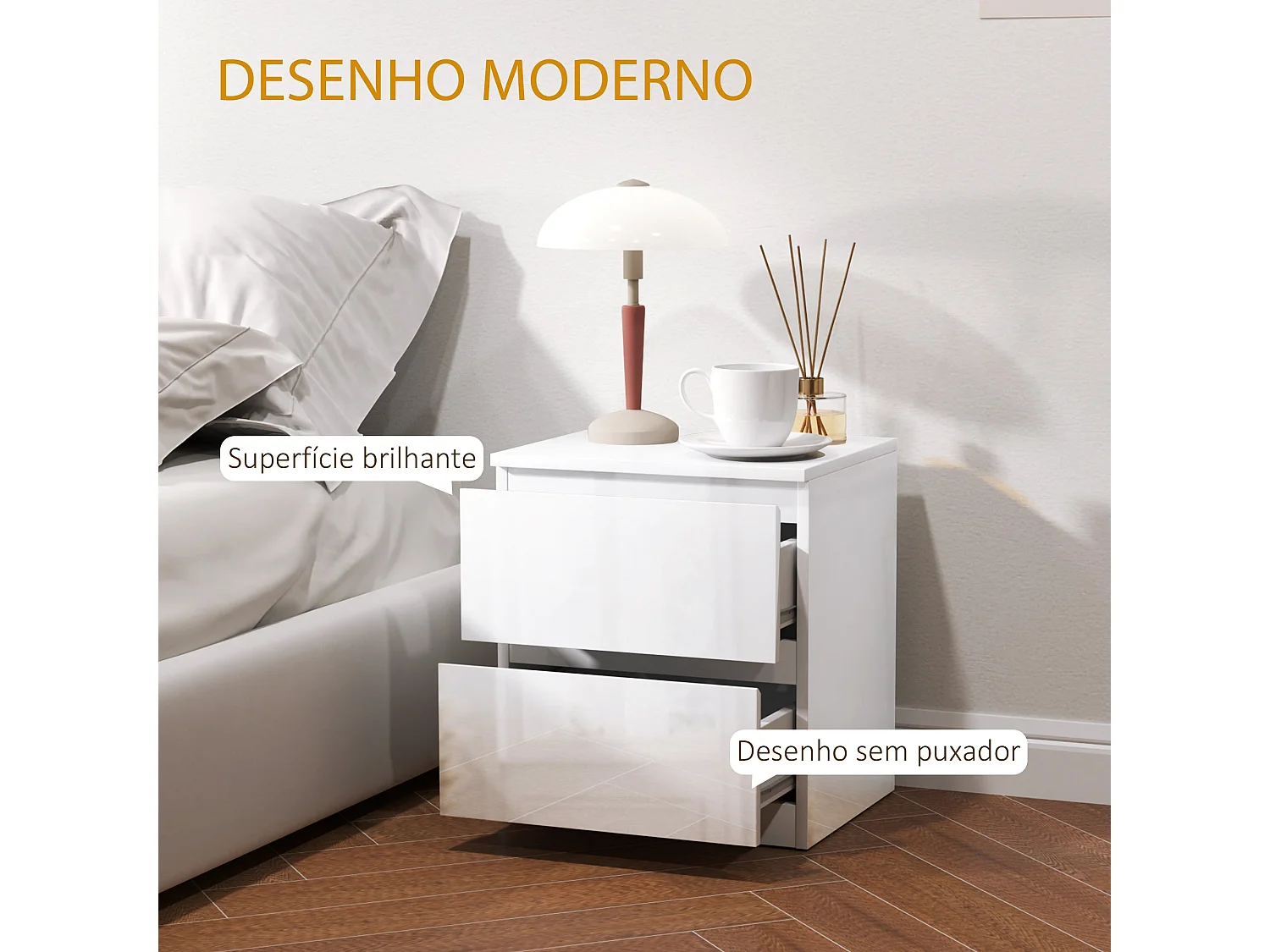 Mesa de Cabeceira Lauren: Moderna e Elegante com 2 Gavetas em Branco Brilhante - 40x34x45 cm