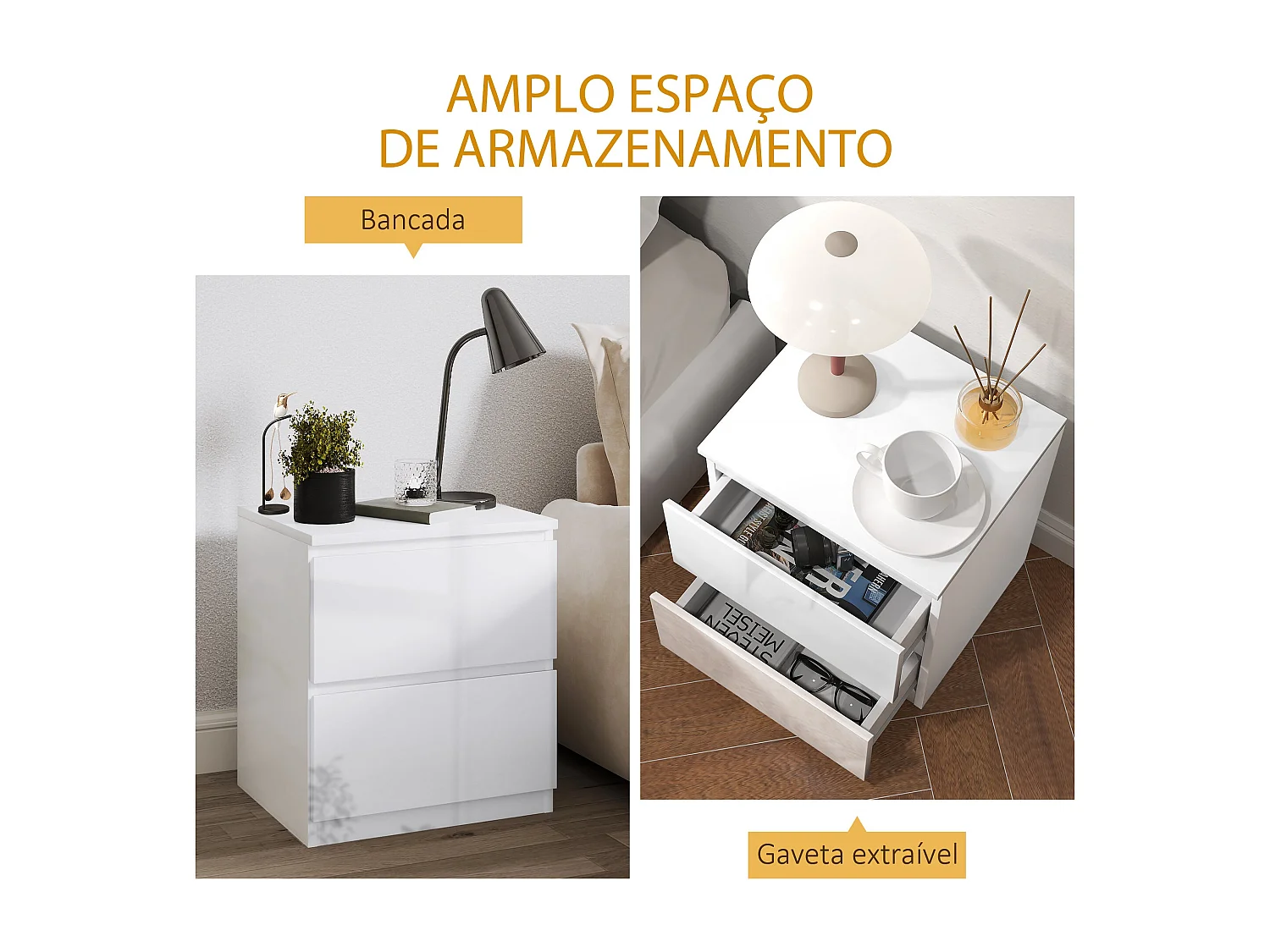 Mesa de Cabeceira Lauren: Moderna e Elegante com 2 Gavetas em Branco Brilhante - 40x34x45 cm