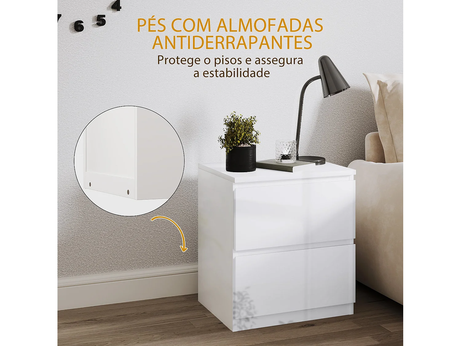 Mesa de Cabeceira Lauren: Moderna e Elegante com 2 Gavetas em Branco Brilhante - 40x34x45 cm