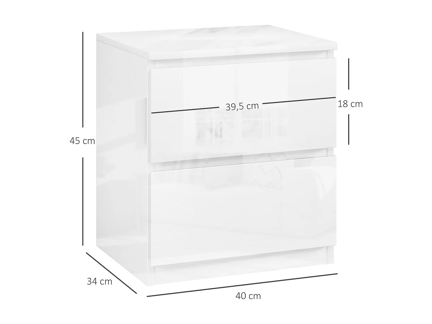 Mesa de Cabeceira Lauren: Moderna e Elegante com 2 Gavetas em Branco Brilhante - 40x34x45 cm