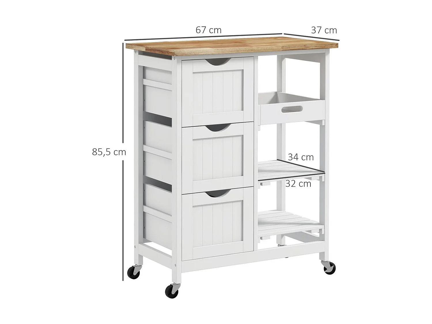 Carrito auxiliar Austen Homocm 3 cajones con 2 estantes y bandeja extraíble blanco 85,5x67x37 cm
