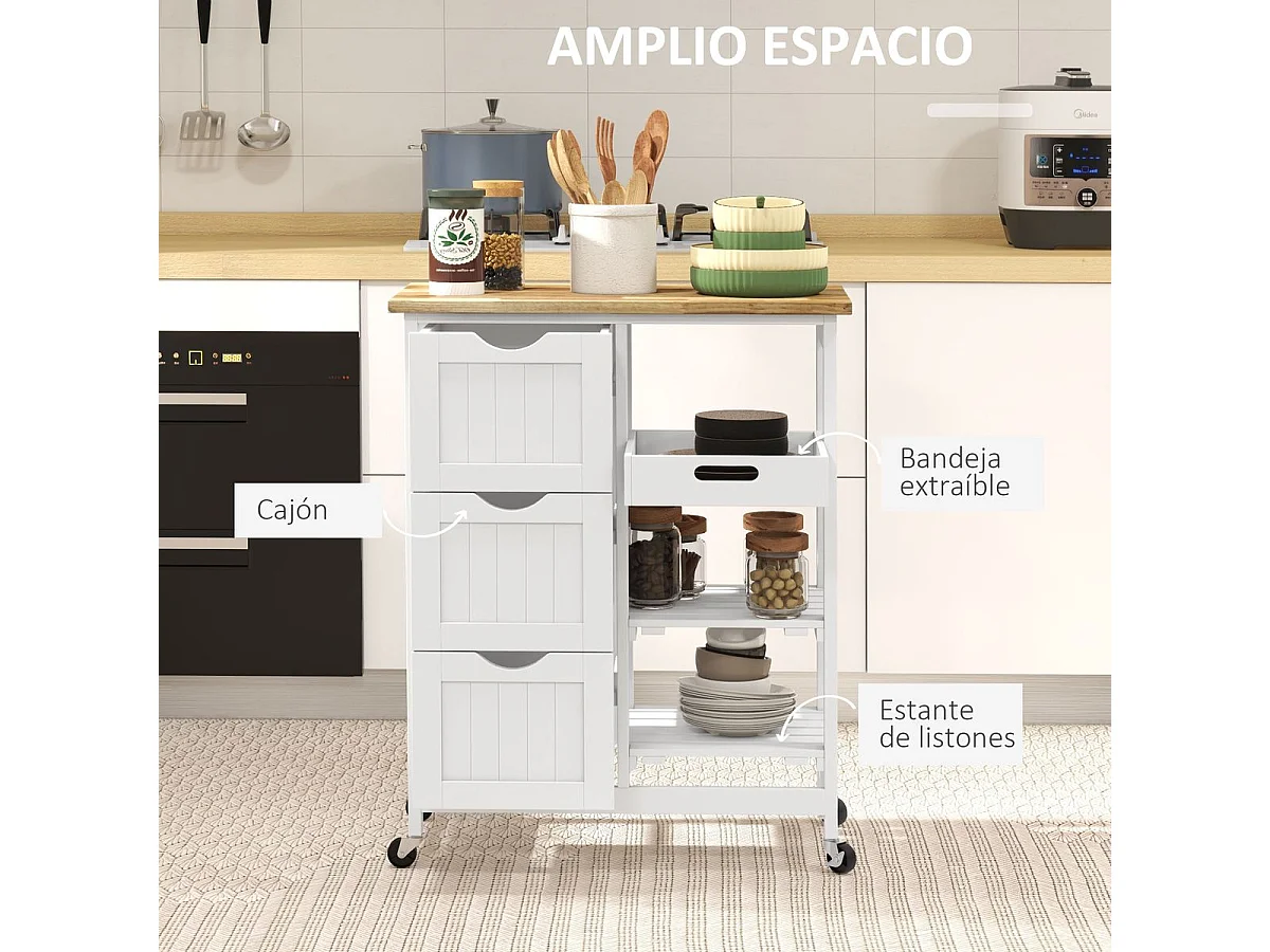 Carrito auxiliar Austen Homocm 3 cajones con 2 estantes y bandeja extraíble blanco 85,5x67x37 cm
