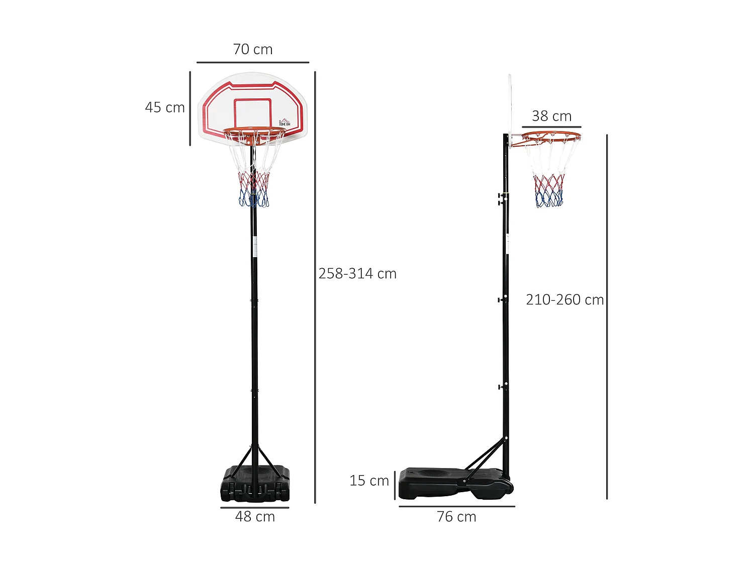 Canasta de baloncesto Red Homcom altura regulable + base rellenable 258-314x70x45 cm negro/rojo