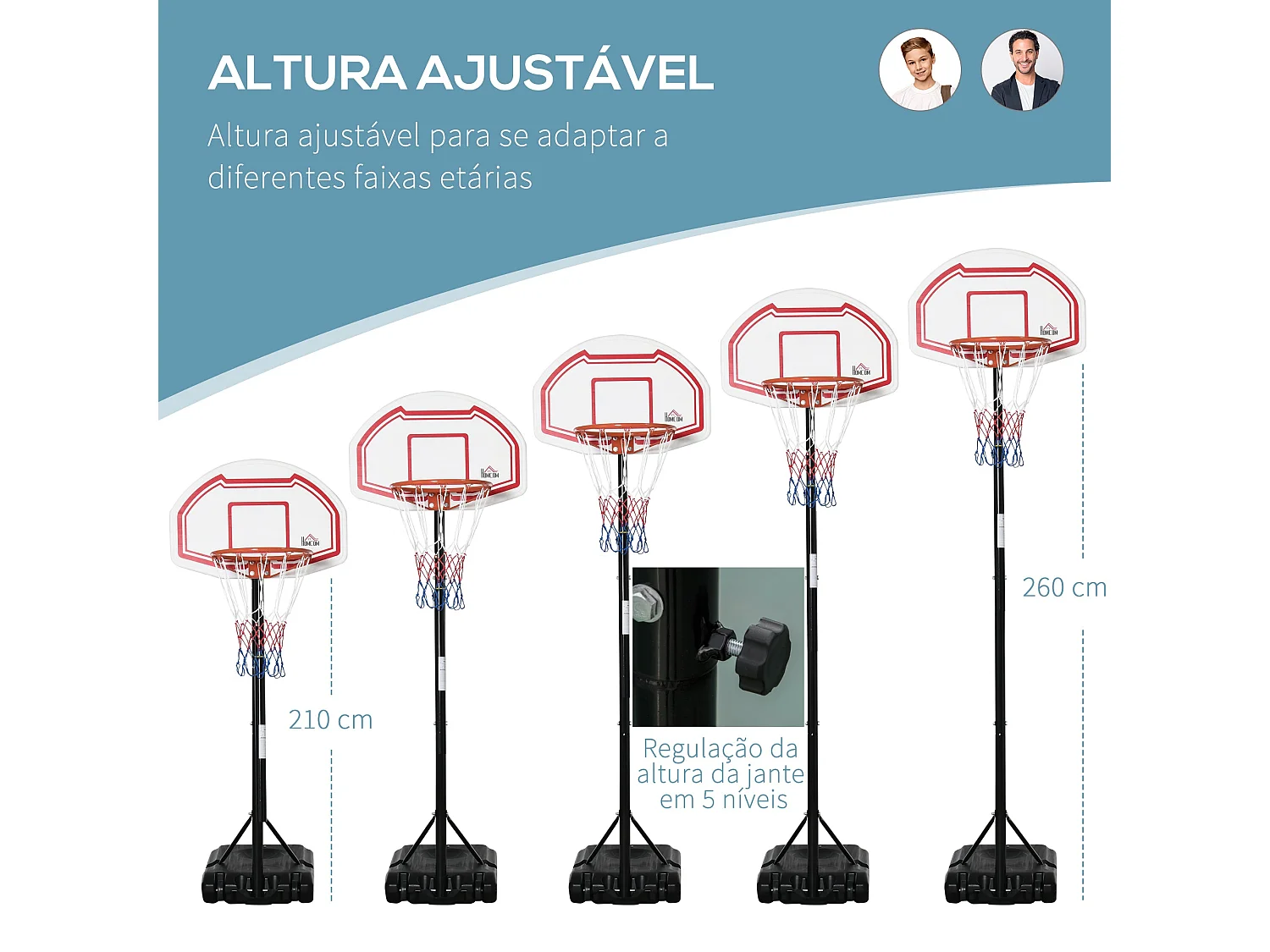 Canasta de baloncesto Red Homcom altura regulable + base rellenable 258-314x70x45 cm negro/rojo