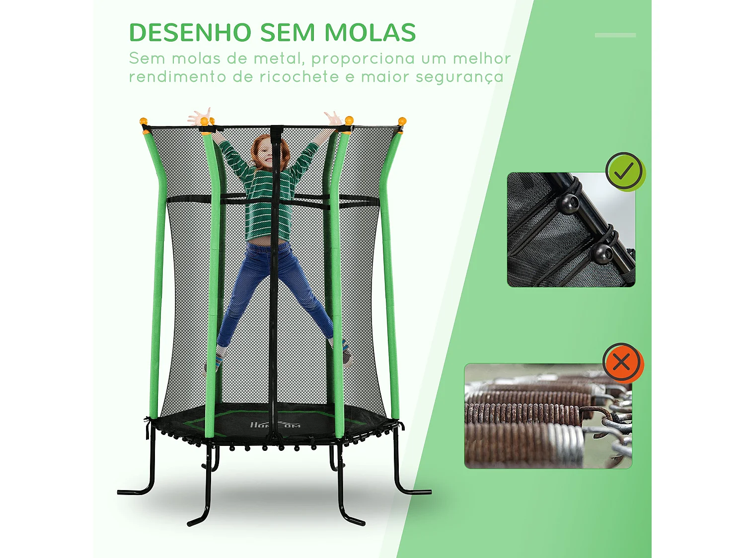 Trampolim Infantil Seguro para Crianças Acima de 3 Anos - Cama Elástica Verde com Rede de Segurança e Estrutura Resistente