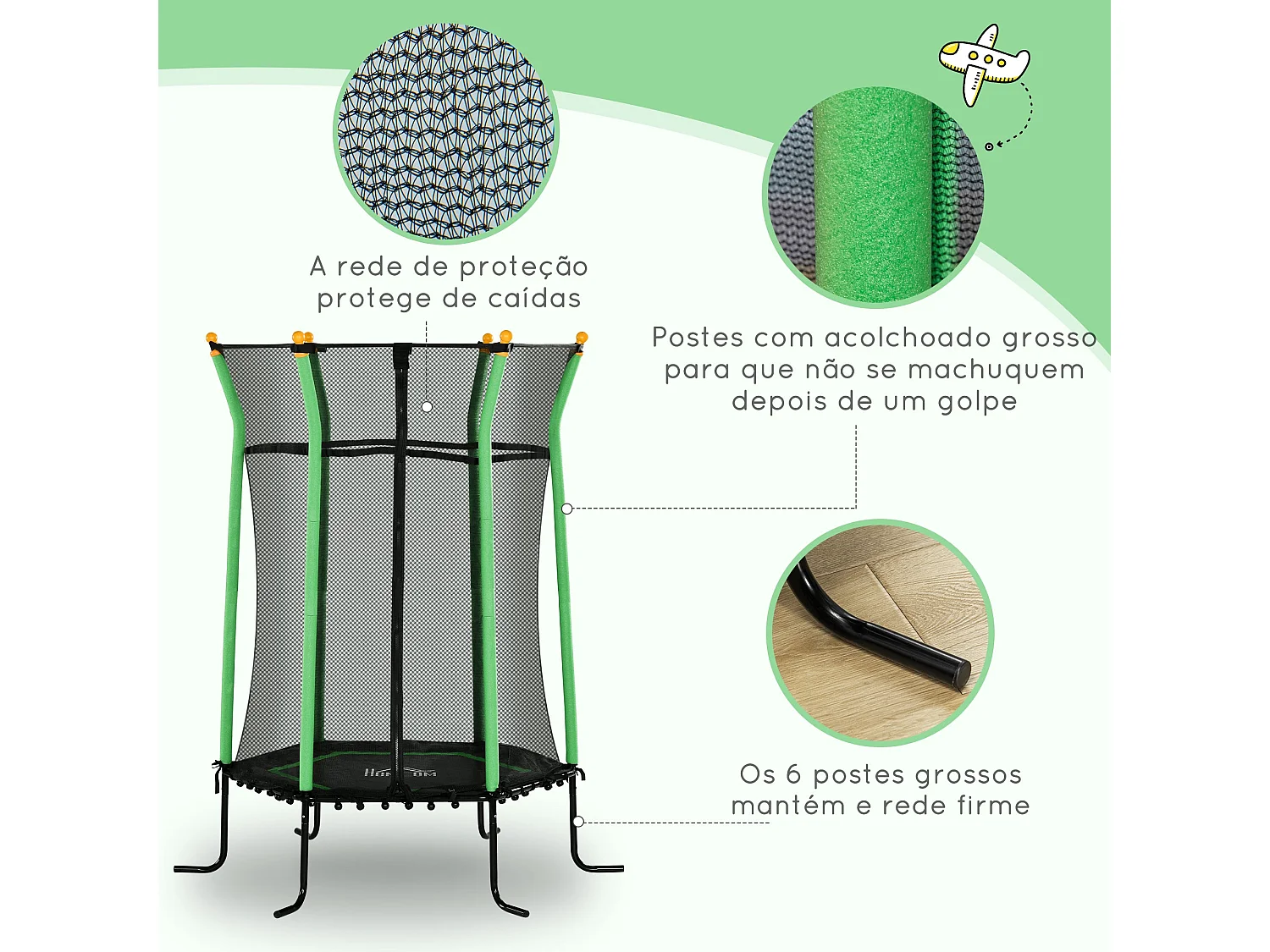 Trampolim Infantil Seguro para Crianças Acima de 3 Anos - Cama Elástica Verde com Rede de Segurança e Estrutura Resistente