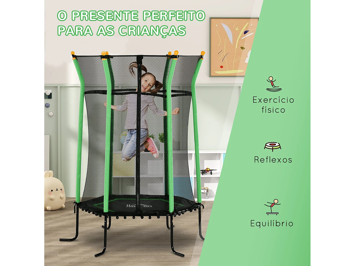 Trampolim Infantil Seguro para Crianças Acima de 3 Anos - Cama Elástica Verde com Rede de Segurança e Estrutura Resistente