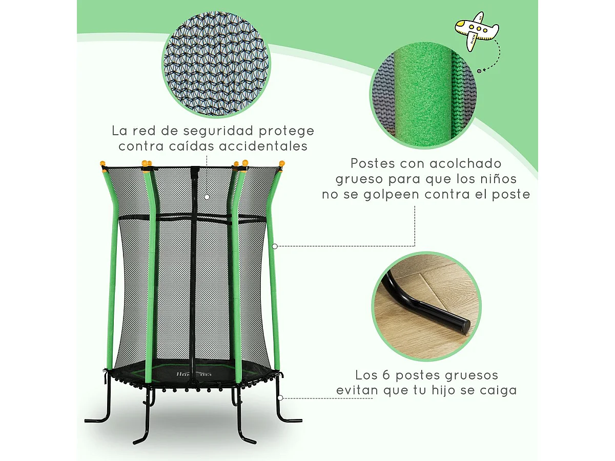 Trampolim Infantil Seguro para Crianças Acima de 3 Anos - Cama Elástica Verde com Rede de Segurança e Estrutura Resistente