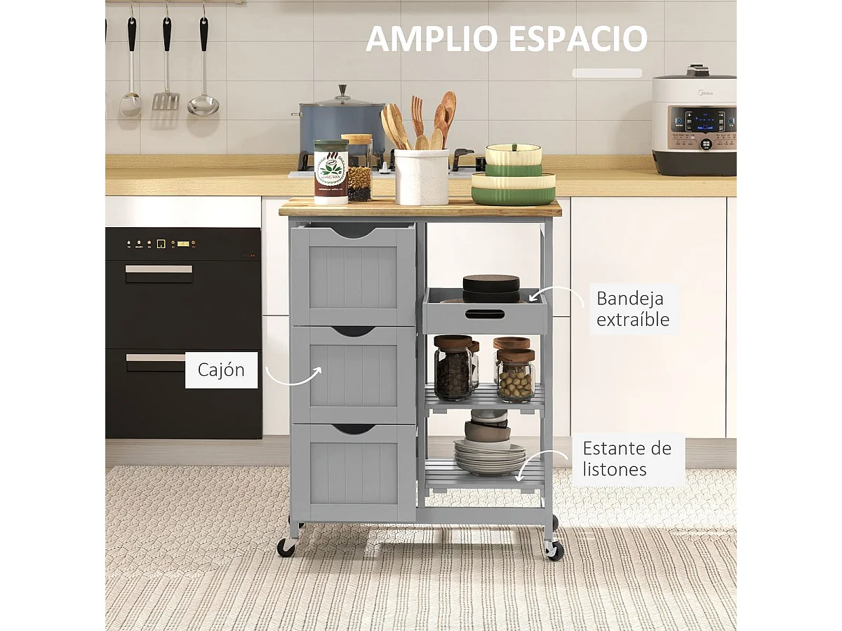 Carrito auxiliar Austen Homocm 3 cajones con 2 estantes y bandeja extraíble gris 85,5x67x37 cm