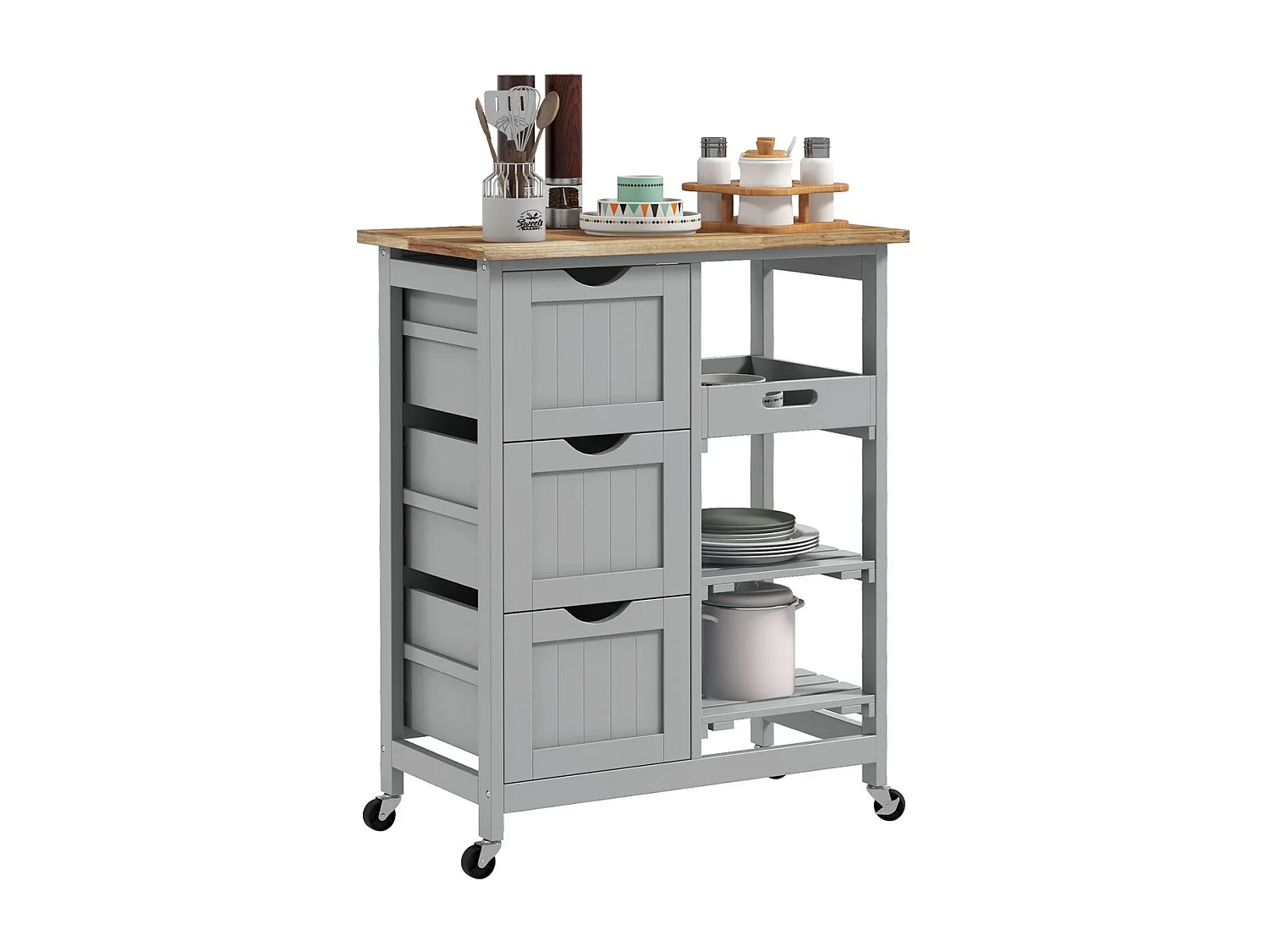 Carrito auxiliar Austen Homocm 3 cajones con 2 estantes y bandeja extraíble gris 85,5x67x37 cm