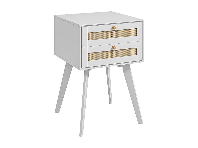 Mesa de Cabeceira Branca Boho com 2 Gavetas e Detalhes em Vime - Perfeita para Quarto e Sala de Estar
