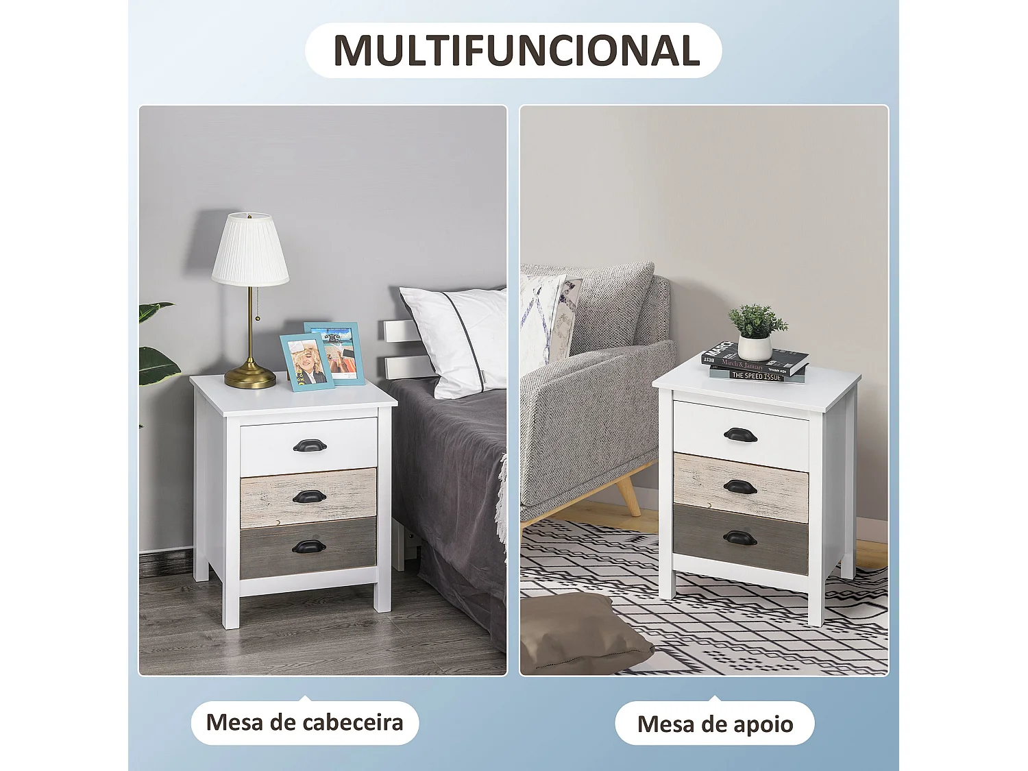 Mesita de noche Luna Homcom 3 cajones blanco 65x50x38 cm