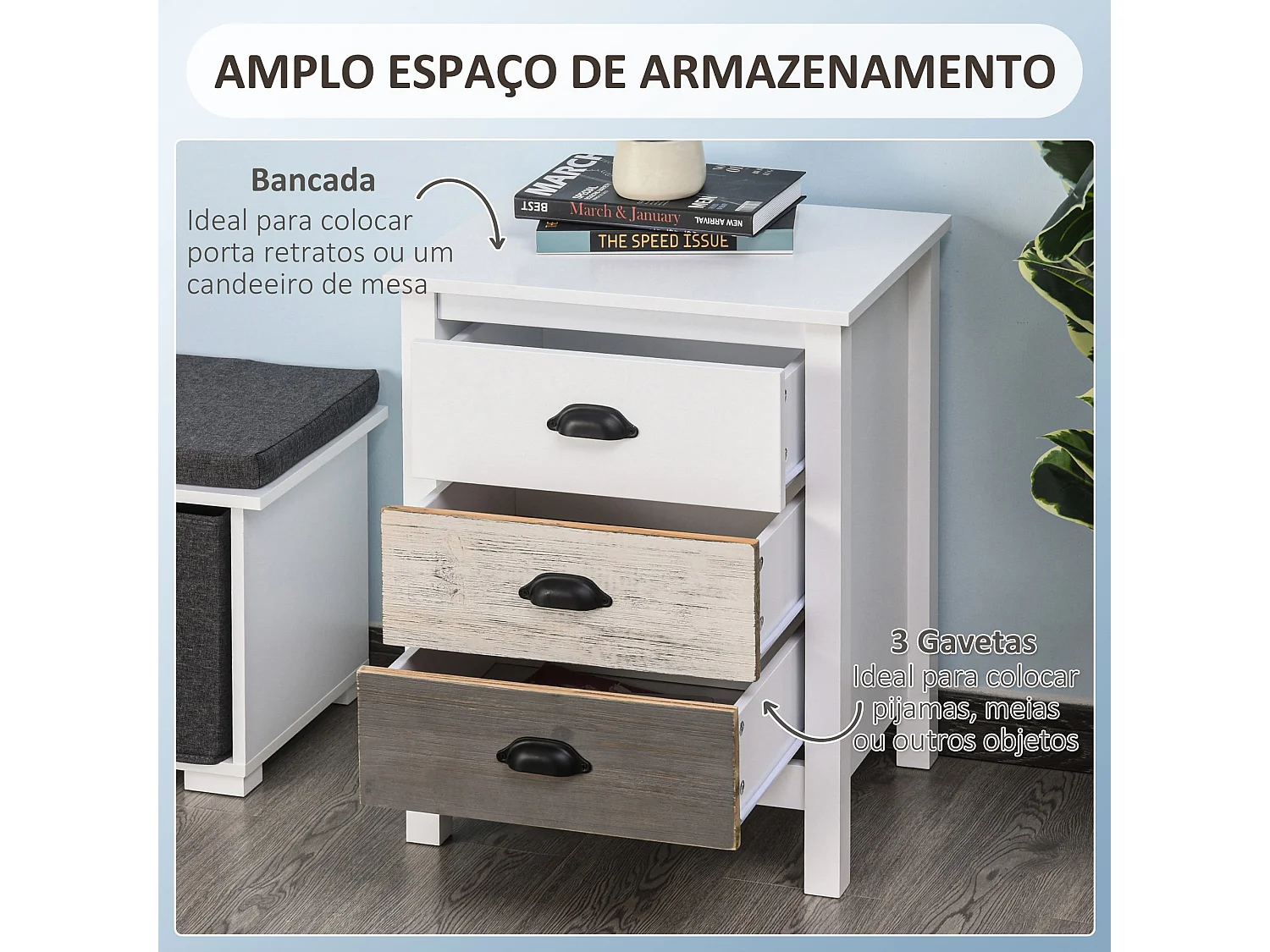 Mesita de noche Luna Homcom 3 cajones blanco 65x50x38 cm