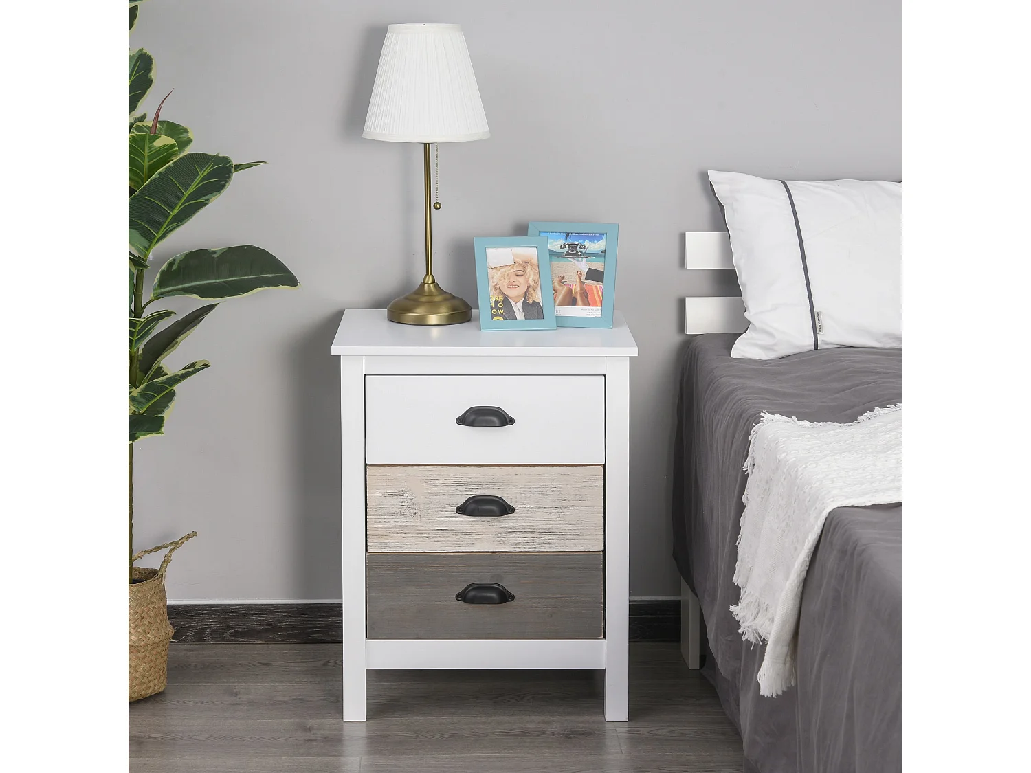 Mesita de noche Luna Homcom 3 cajones blanco 65x50x38 cm