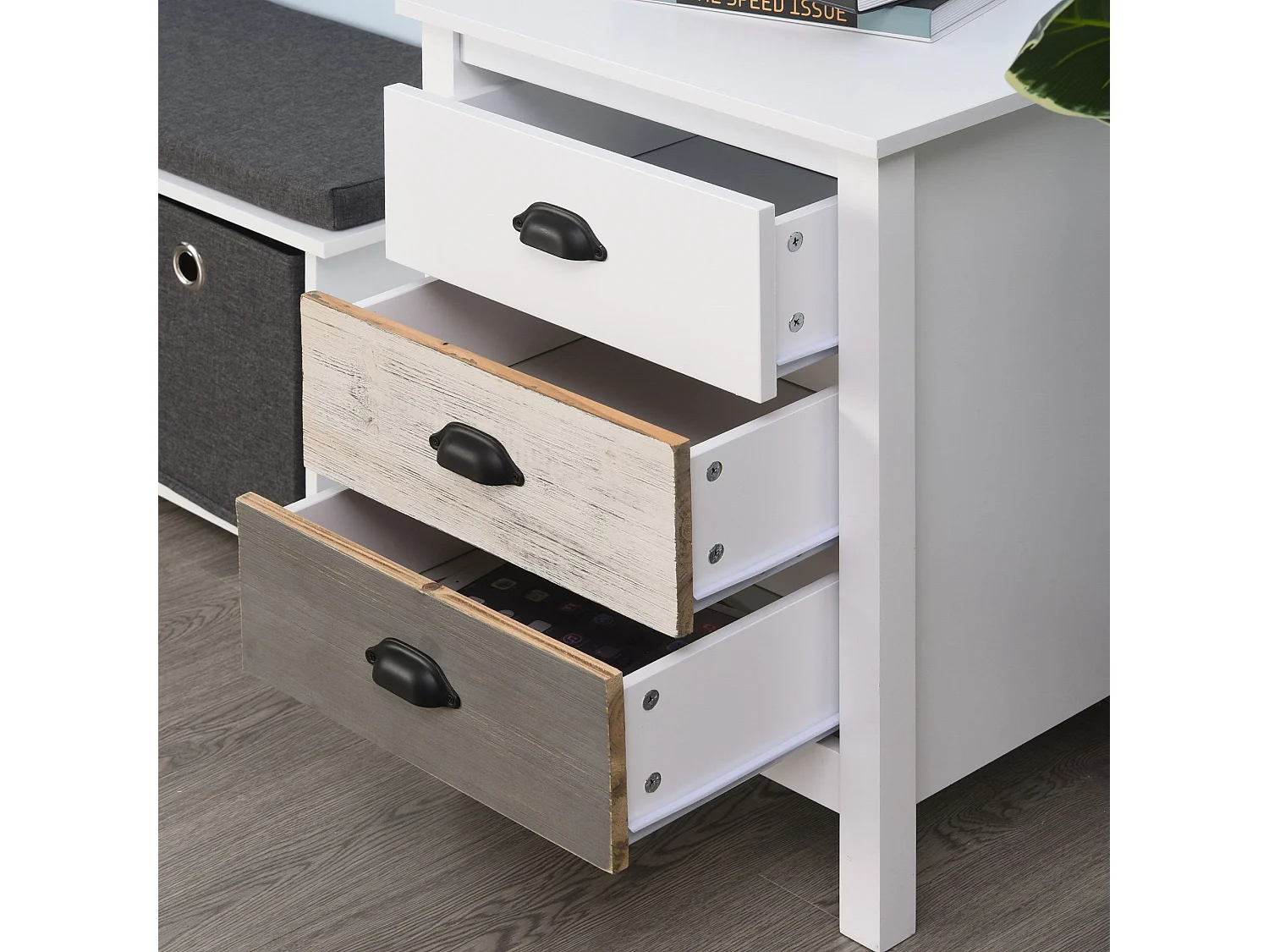 Mesita de noche Luna Homcom 3 cajones blanco 65x50x38 cm