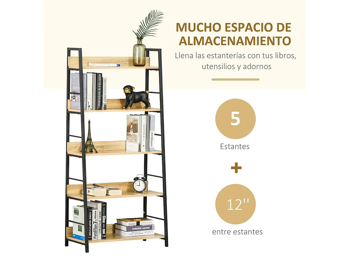 Estantería Nogal Homcom 5 niveles tipo librería natural/negro 149,5x70x35 cm
