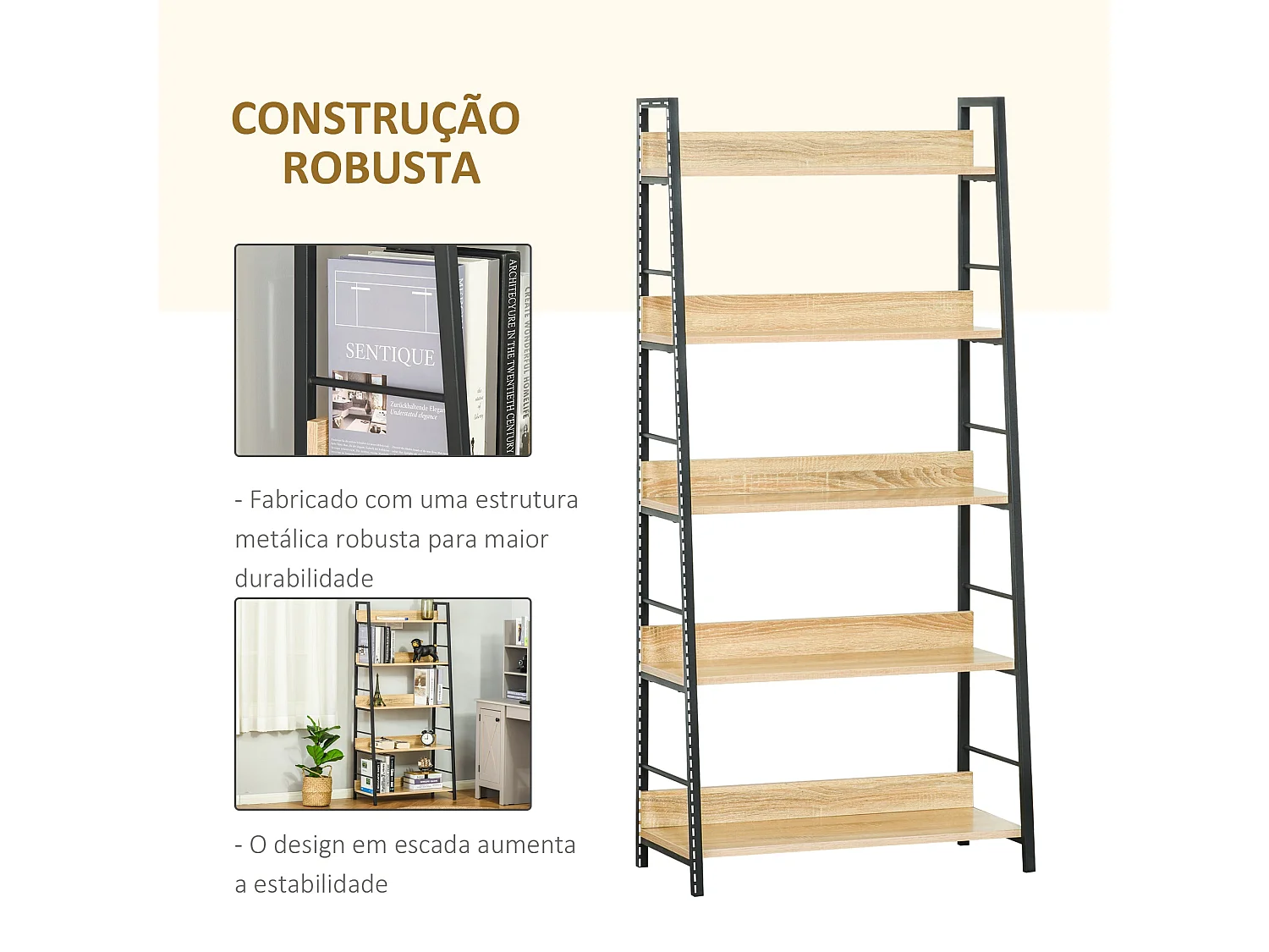 Estantería Nogal Homcom 5 niveles tipo librería natural/negro 149,5x70x35 cm