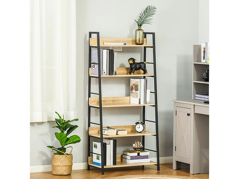 Estantería Nogal Homcom 5 niveles tipo librería natural/negro 149,5x70x35 cm