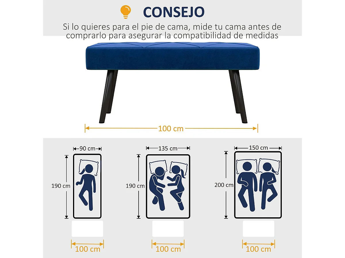 Banqueta Zure Homcom acolchada azul 45x100x36 cm