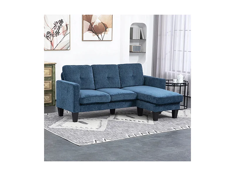 Sofá chaiselongue Zahara Homcom 3 plazas reversible azul 84x186x130 cm