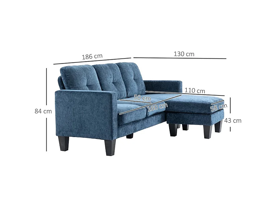 Sofá chaiselongue Zahara Homcom 3 plazas reversible azul 84x186x130 cm