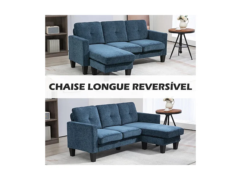 Sofá chaiselongue Zahara Homcom 3 plazas reversible azul 84x186x130 cm
