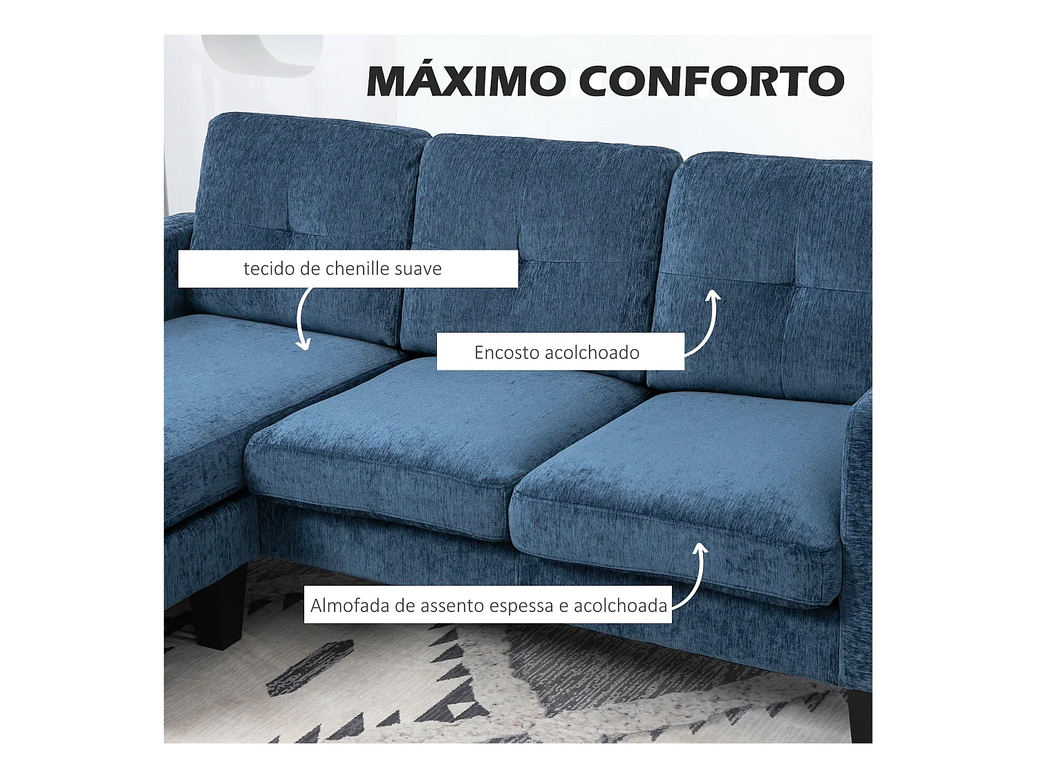 Sofá chaiselongue Zahara Homcom 3 plazas reversible azul 84x186x130 cm