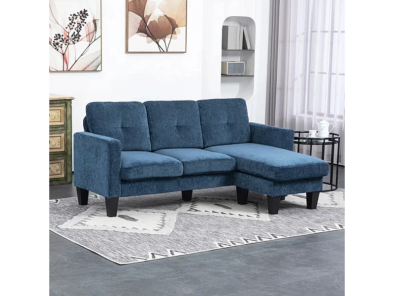 Sofá chaiselongue Zahara Homcom 3 plazas reversible azul 84x186x130 cm