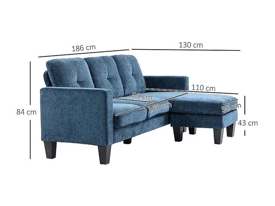Sofá chaiselongue Zahara Homcom 3 plazas reversible azul 84x186x130 cm