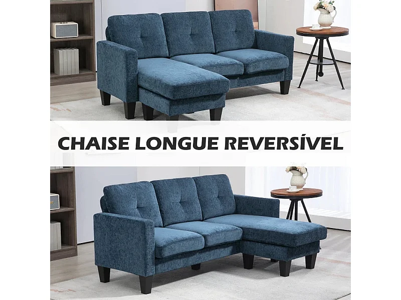 Sofá chaiselongue Zahara Homcom 3 plazas reversible azul 84x186x130 cm