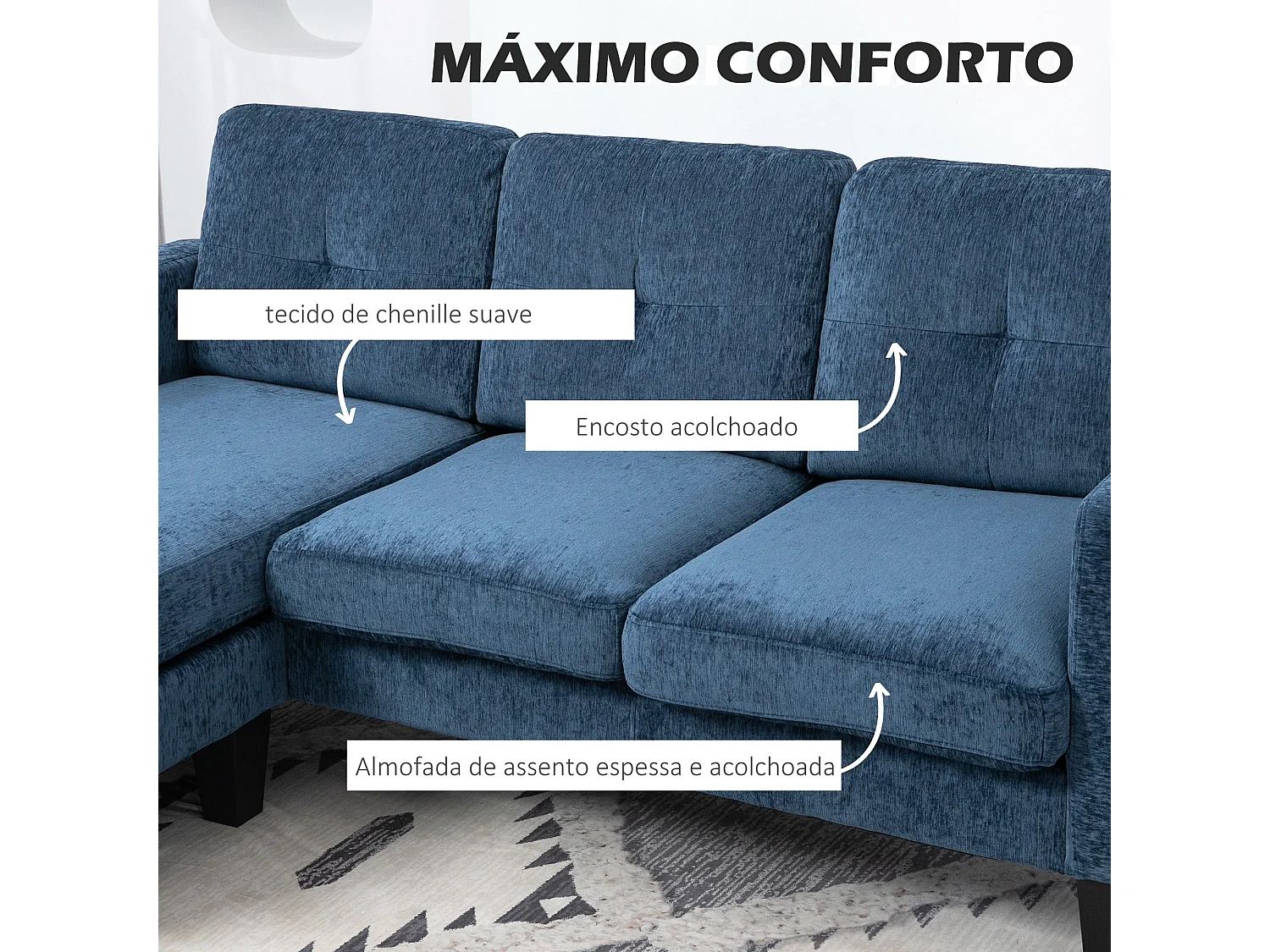 Sofá chaiselongue Zahara Homcom 3 plazas reversible azul 84x186x130 cm