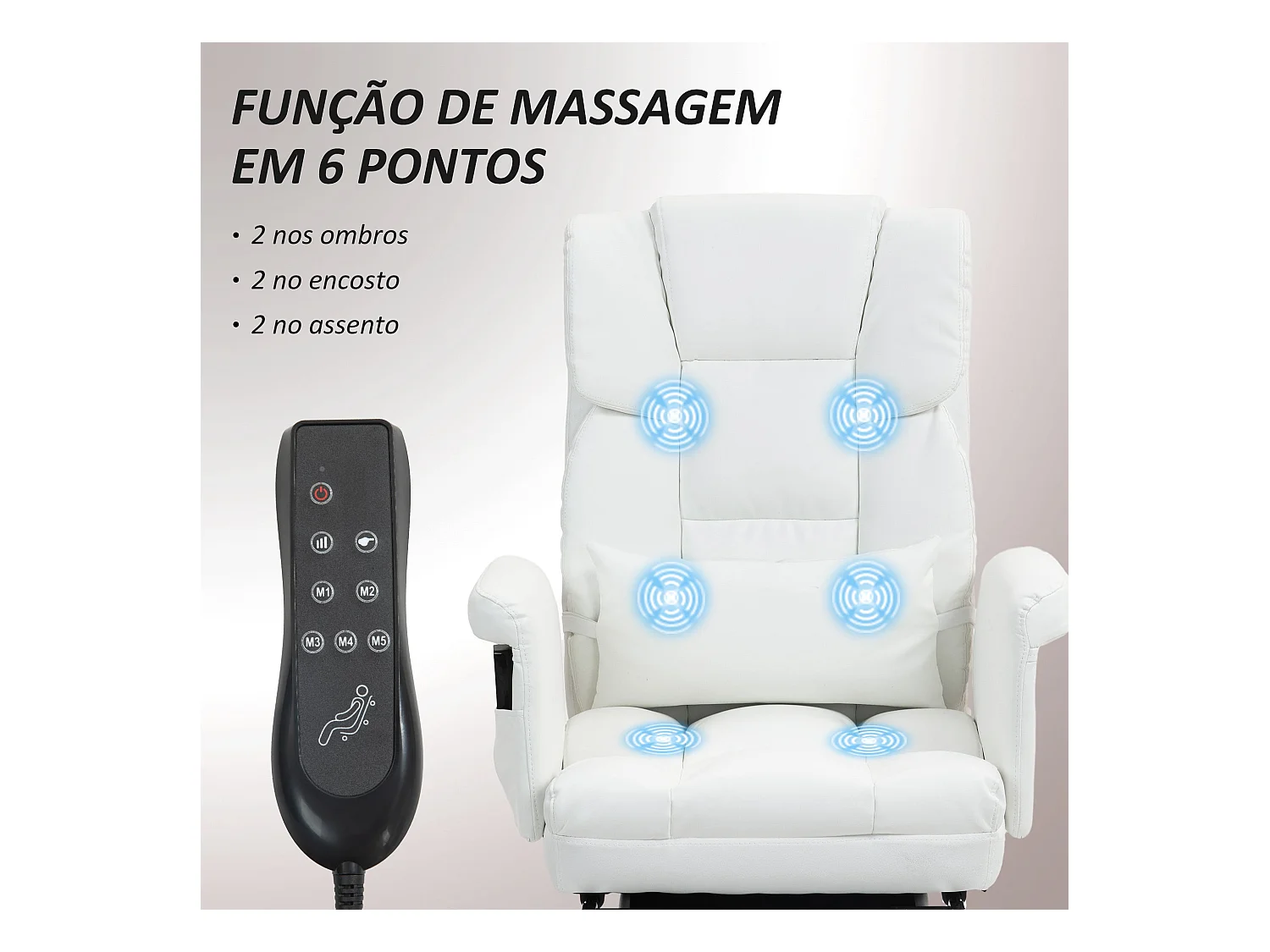 Silla de oficina Confort Homcom reclinable + 6 puntos de masaje + reposapiés retráctil blanco 107-115x69x65 cm