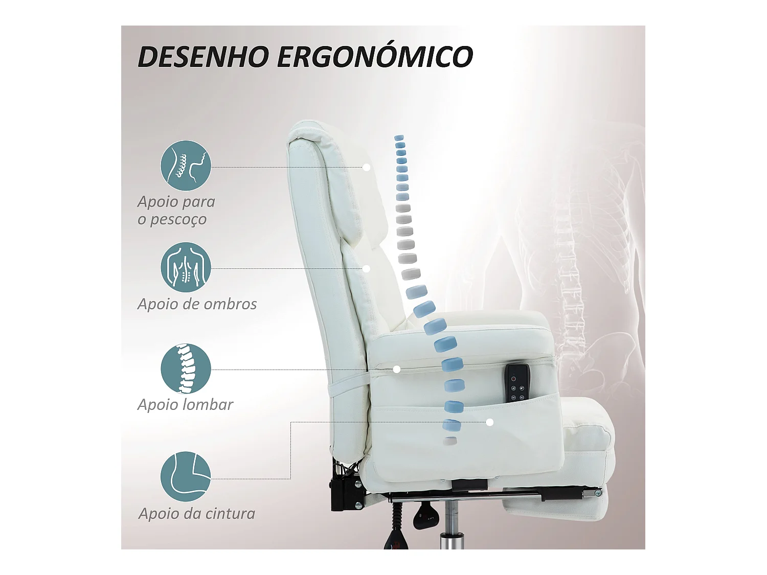 Silla de oficina Confort Homcom reclinable + 6 puntos de masaje + reposapiés retráctil blanco 107-115x69x65 cm