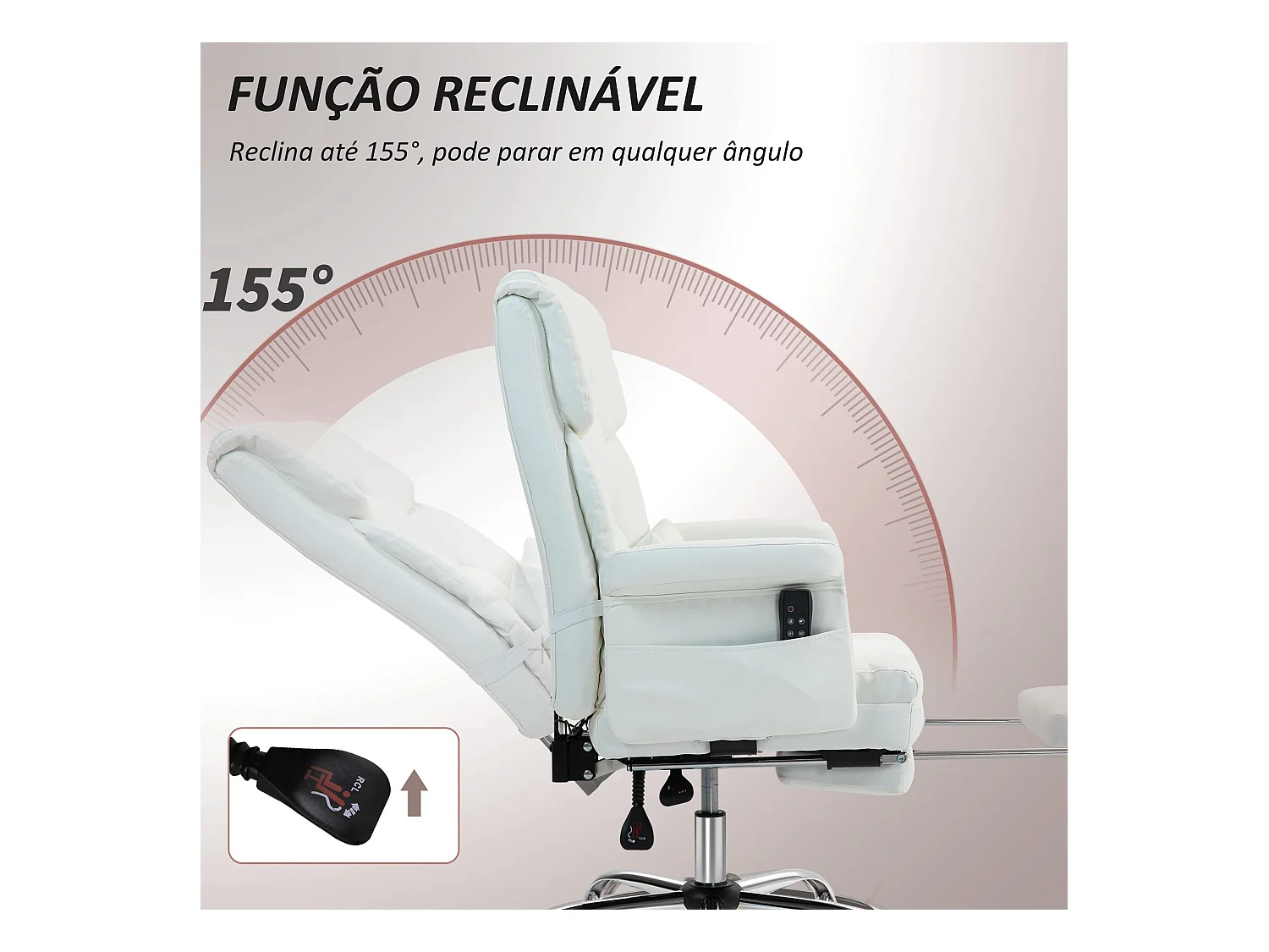 Silla de oficina Confort Homcom reclinable + 6 puntos de masaje + reposapiés retráctil blanco 107-115x69x65 cm