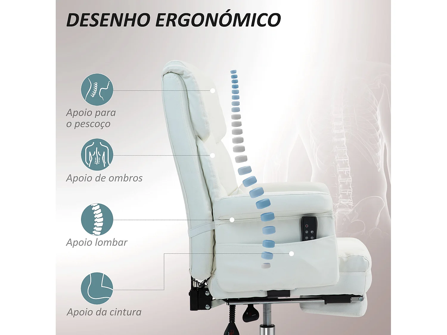 Silla de oficina Confort Homcom reclinable + 6 puntos de masaje + reposapiés retráctil blanco 107-115x69x65 cm