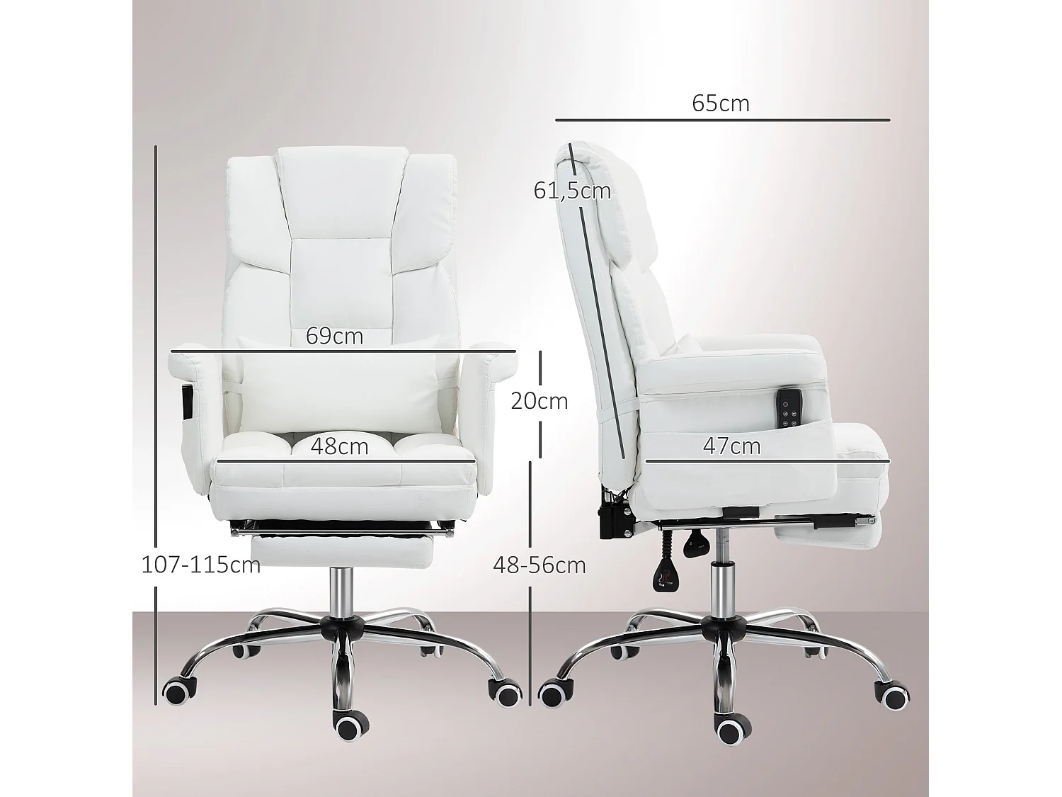 Silla de oficina Confort Homcom reclinable + 6 puntos de masaje + reposapiés retráctil blanco 107-115x69x65 cm