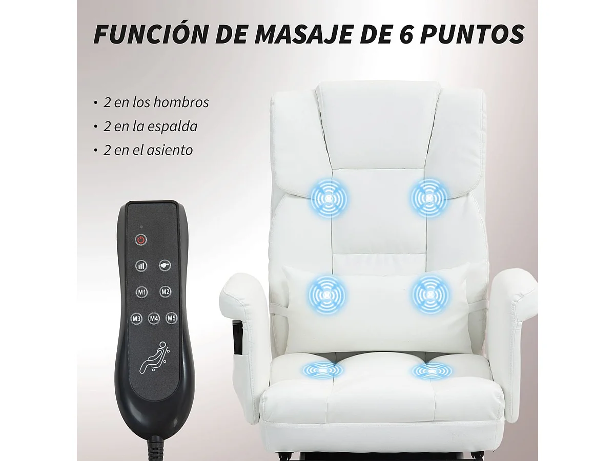 Silla de oficina Confort Homcom reclinable + 6 puntos de masaje + reposapiés retráctil blanco 107-115x69x65 cm